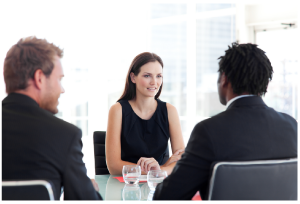 Three people talking